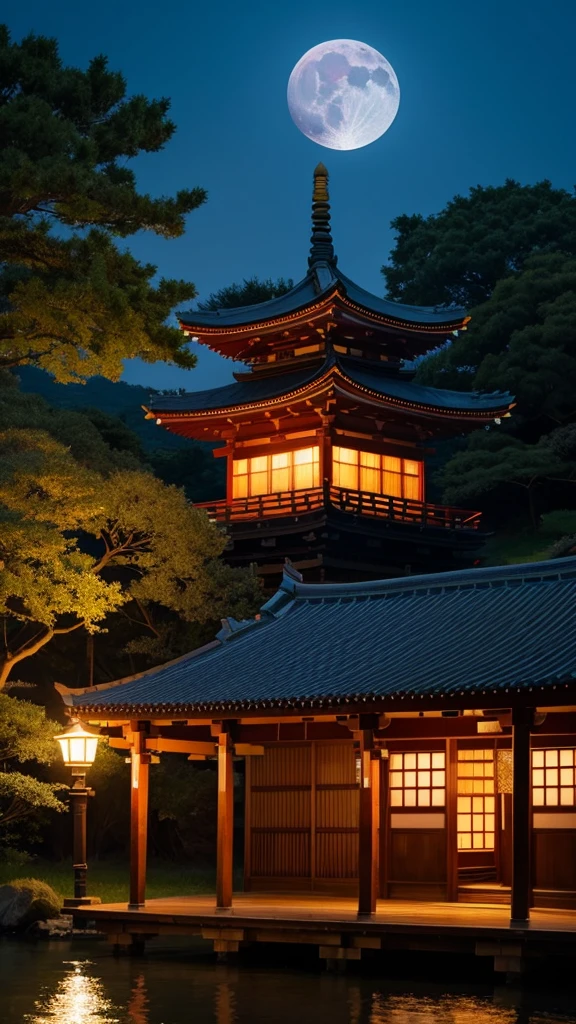 Moonlit Night、shrine、Kagura、 Shrine maiden、lake