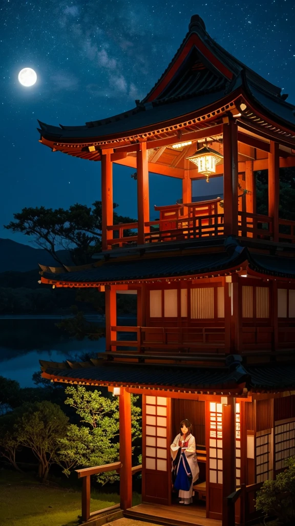 Moonlit Night、shrine、Kagura、 Shrine maiden、lake