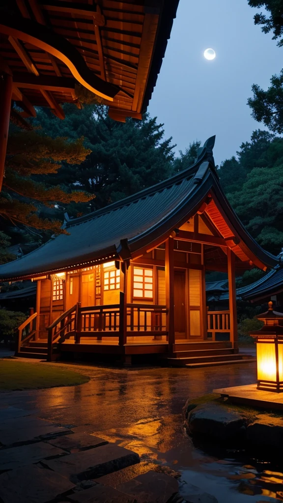 Moonlit Night、shrine、Kagura、 Shrine maiden、lake