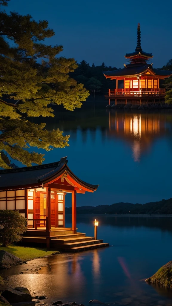 Moonlit Night、shrine、Kagura、 Shrine maiden、lake