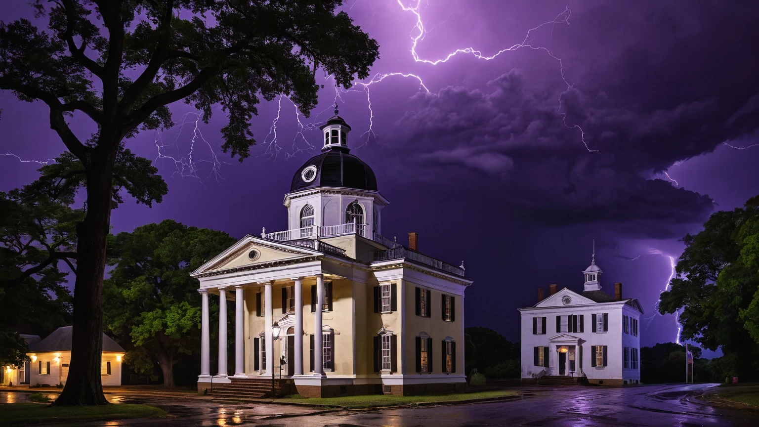 darkest atmosphere, dark purple & black storm clouds during the night, darkness, lightning, façade of a old 18th century town hall building with a octagonal cupola on top, colonial-revival architecture, small town, trees, horizontal-view road, background