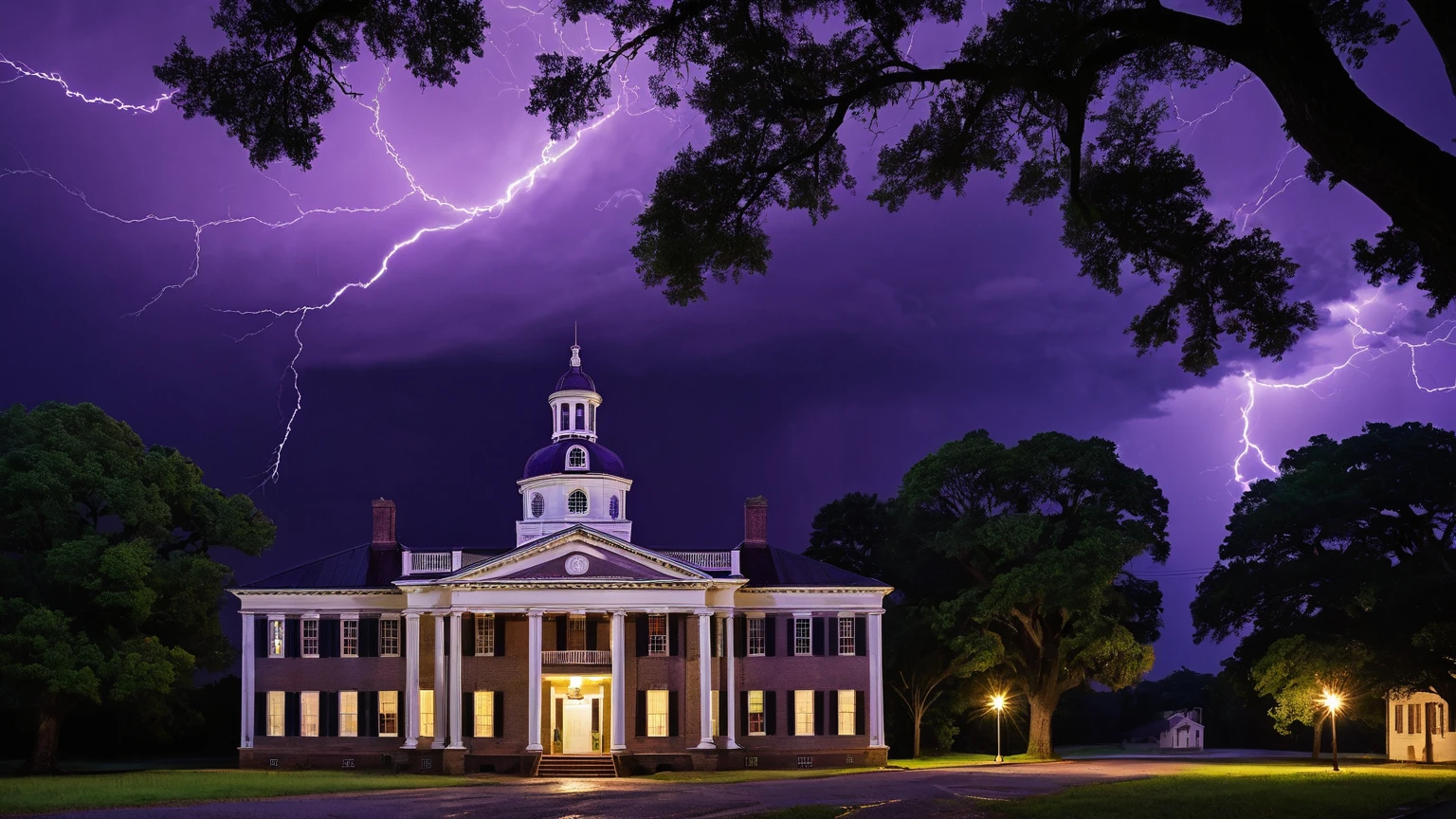 darkest atmosphere, dark purple & black storm clouds during the night, darkness, lightning, façade of a old 18th century town hall building with a octagonal cupola on top, colonial-revival architecture, small town, trees, horizontal-view road, background