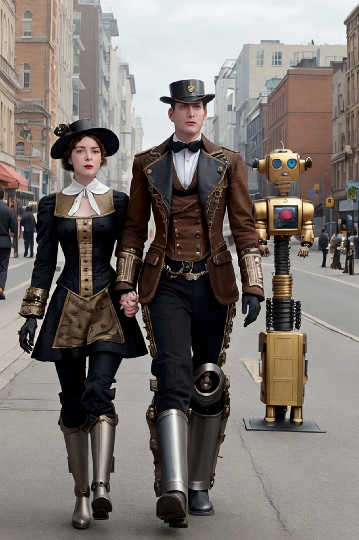 There are two robots standing on the street, Wearing an exquisite steampunk dress, movie style photos, Two women, Inspired by Jean Tapeau, Three women, terminal, Murloc, Cinematography 2008, John McCaig, Humanize, 5 0 0 Pixel Model, Publicity photos, 19th century photography
