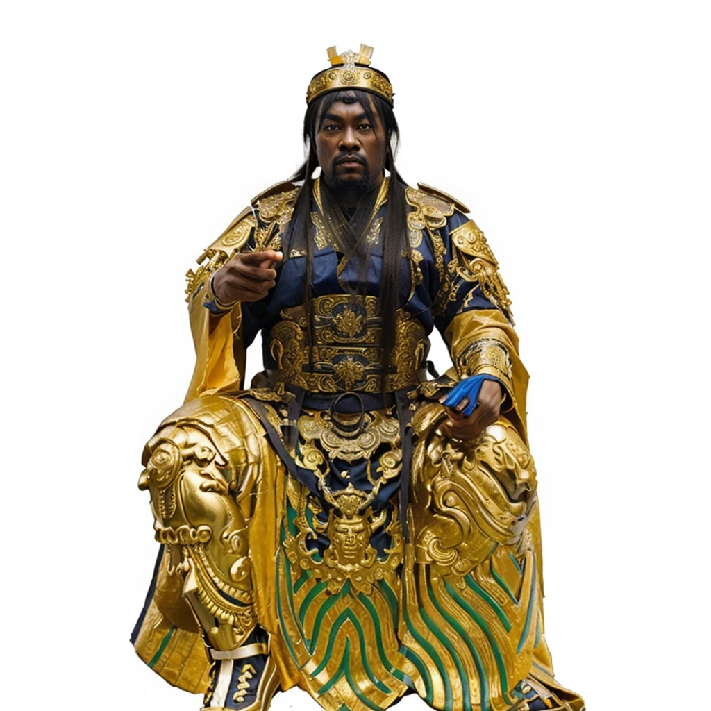 a black skin ancient chinese emperor, emperor rob, big eyes, thick eyebrow, holding a dark blue belt, taoist priest, 