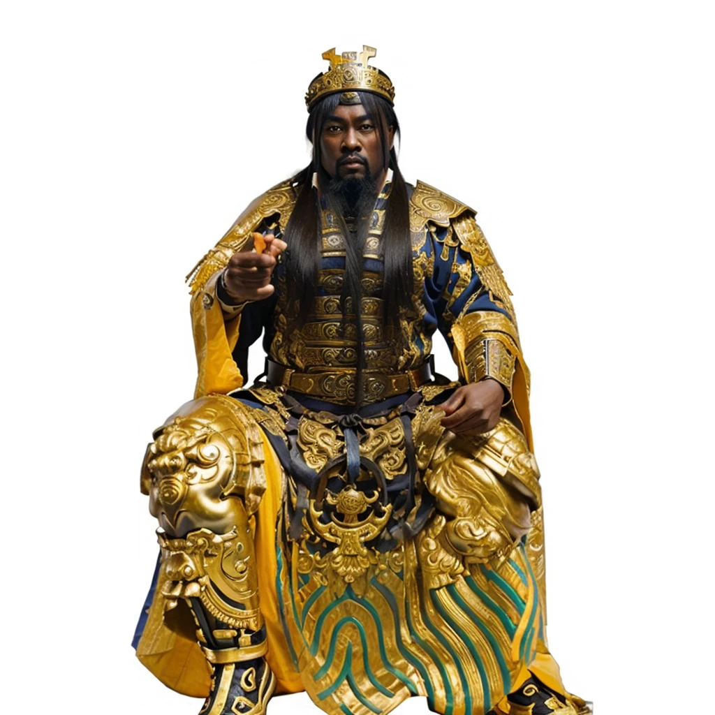 a black skin ancient chinese emperor, emperor rob, big eyes, thick eyebrow, holding a dark blue belt, taoist priest, 