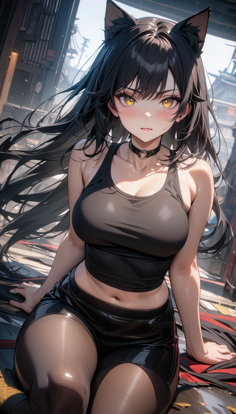 Adult girl, long black hair, cat ears, yellow eyes, black tight tank top, black shorts, nylon tights, ninja, Blake Belladonna, Masterpiece, best quality, Full HD, 8k, ultra details, great graphic