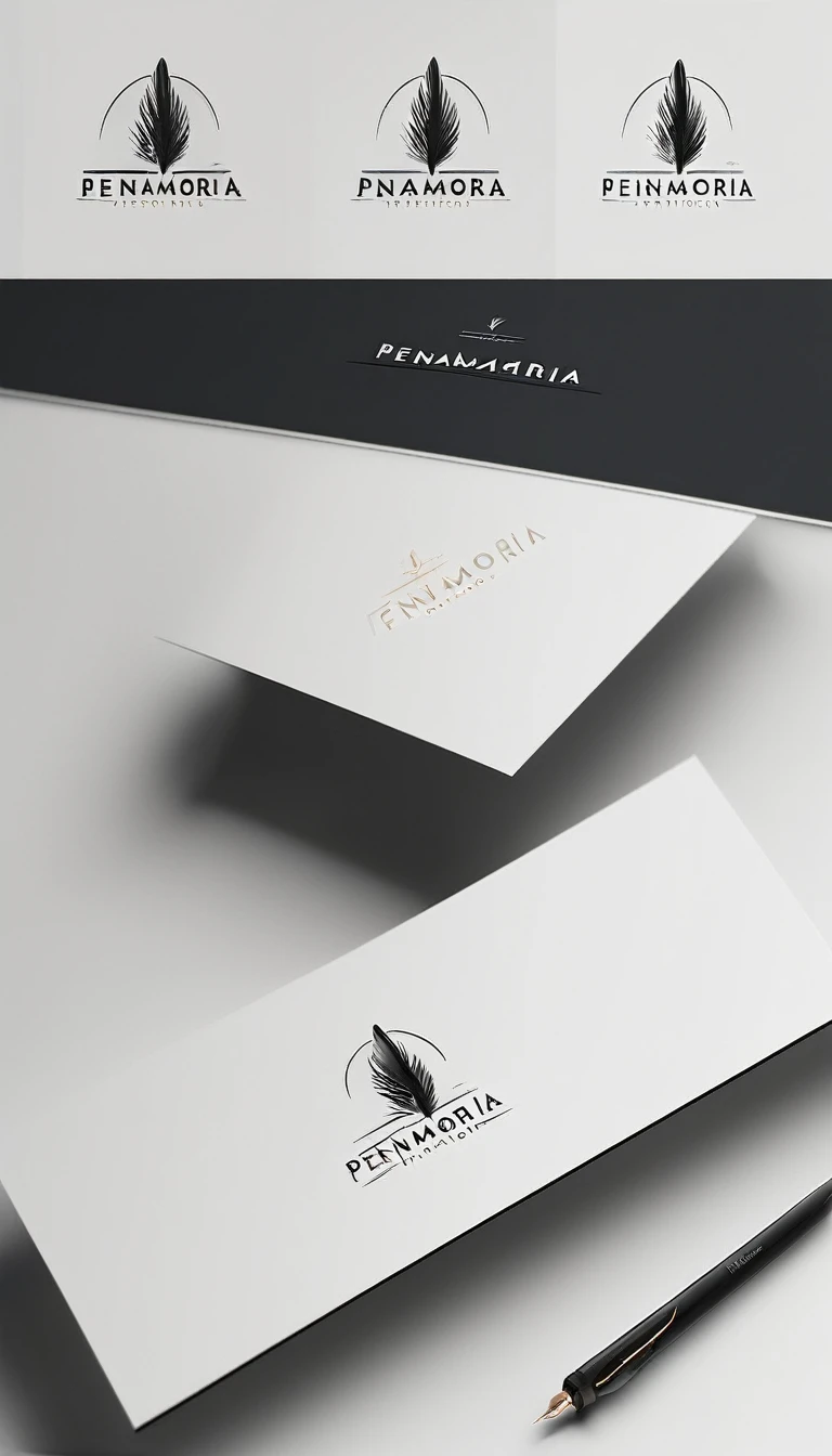 A minimal, modern, simple, cinematic logo design for the brand “Penamemoria". Create a modern, minimalistic, high-quality, logo of a memory feather. The logo must be convey a sense of dreams, stories, memories, music and imagination.