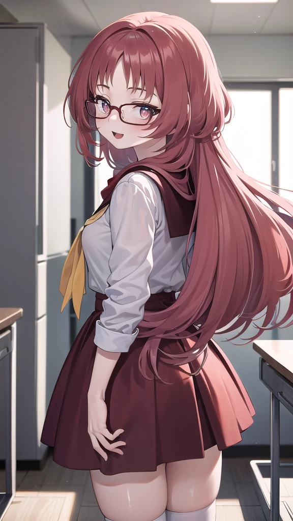 Masterpiece, perfect lighting, (beautiful, Best quality: 1.3), Perfect eyes, absurd, 8k, 1 girl, alone, (absurds), finely detailed, very large, Violet eyes, red hair, red glasses, small breasts, smiling , open mouth, in love, looking at viewer, from behind, glasses, wide, black stockings, Serapuku, sailor collar, yellow scarf, white shirt, red dress, red hair, classroom