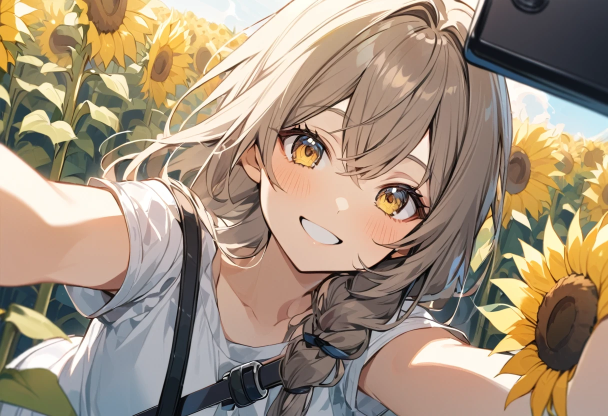 high resolution、Selfie style、Extending a selfie stick towards the viewer、Sunflower field、One girl,Upper Body,smile,I'm laughing so hard my eyes are closing,A big smile,Black Hair,long,Shiny Hair, peace_sign