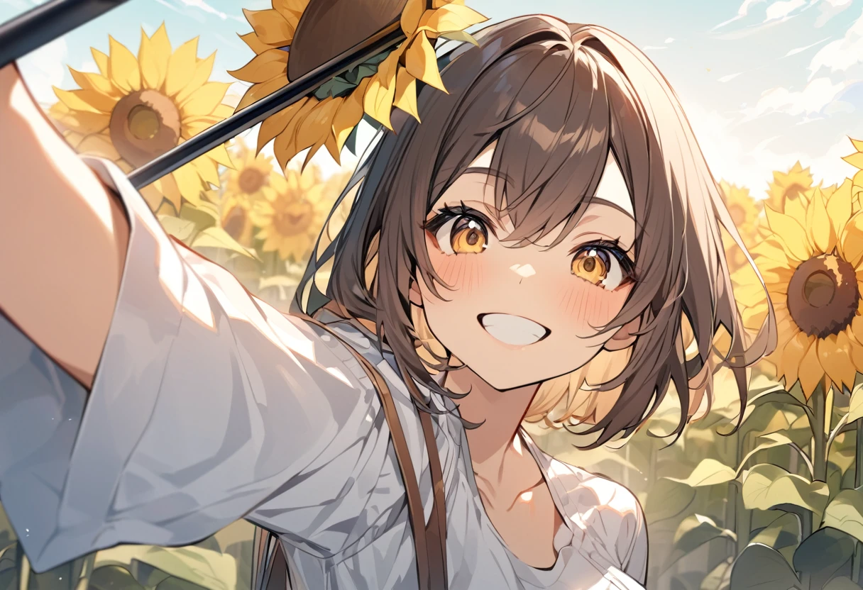 high resolution、Selfie style、Extending a selfie stick towards the viewer、Sunflower field、One girl,Upper Body,smile,I&#39;m laughing so hard my eyes are closing,A big smile,Black Hair,long,Shiny Hair, peace_sign