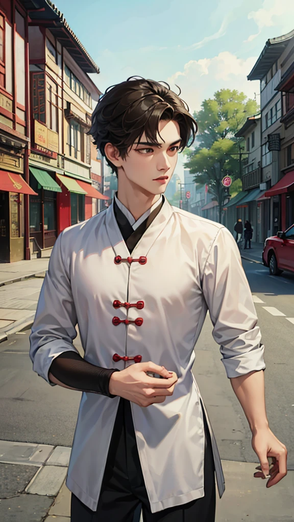 masterpiece, best quality, 8K, light, Ultra-high resolution, Chinese Arts, Chinese painting, 1 boy, Upper Body, on the street, 