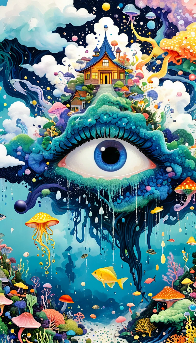 Strong visual fusion of multiple elements，broto，来自star的艺术家，Dopamine color scheme，house、Eye、pearl bead curtain、pearl、star、cloud、fish、Spore powder、Ocean、rain、Tentacles，Describing the inner world of autistic people，Intensive Pointillism method。Smooth lines。interesting，Strange illustration。Pointillism method。Strong contrast。Award-winning works。