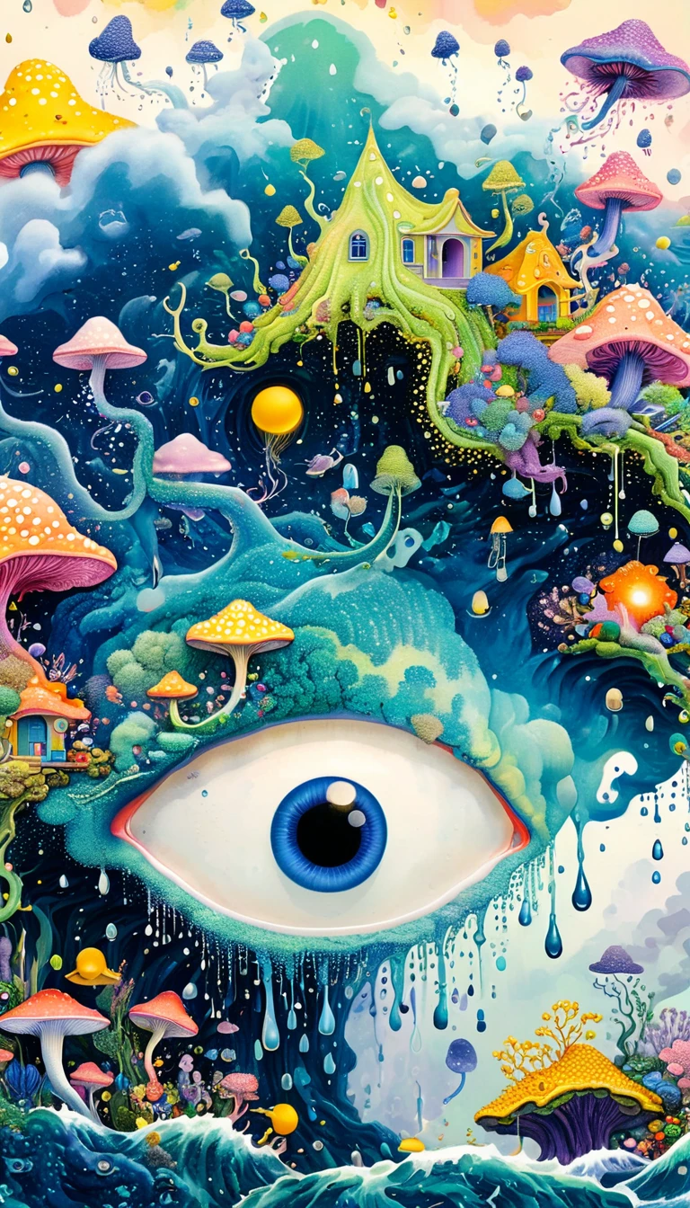 Strong visual fusion of multiple elements，Broto，来自Star的艺术家，Dopamine color scheme，house、Eye、pearl珠帘、pearl、Star、cloud、fish、Spore powder、Ocean、rain、Tentacles，Describing the inner world of autistic people，密集Pointillism method。Smooth lines。interesting，Strange illustration。Pointillism method。Strong contrast。Award-winning works。