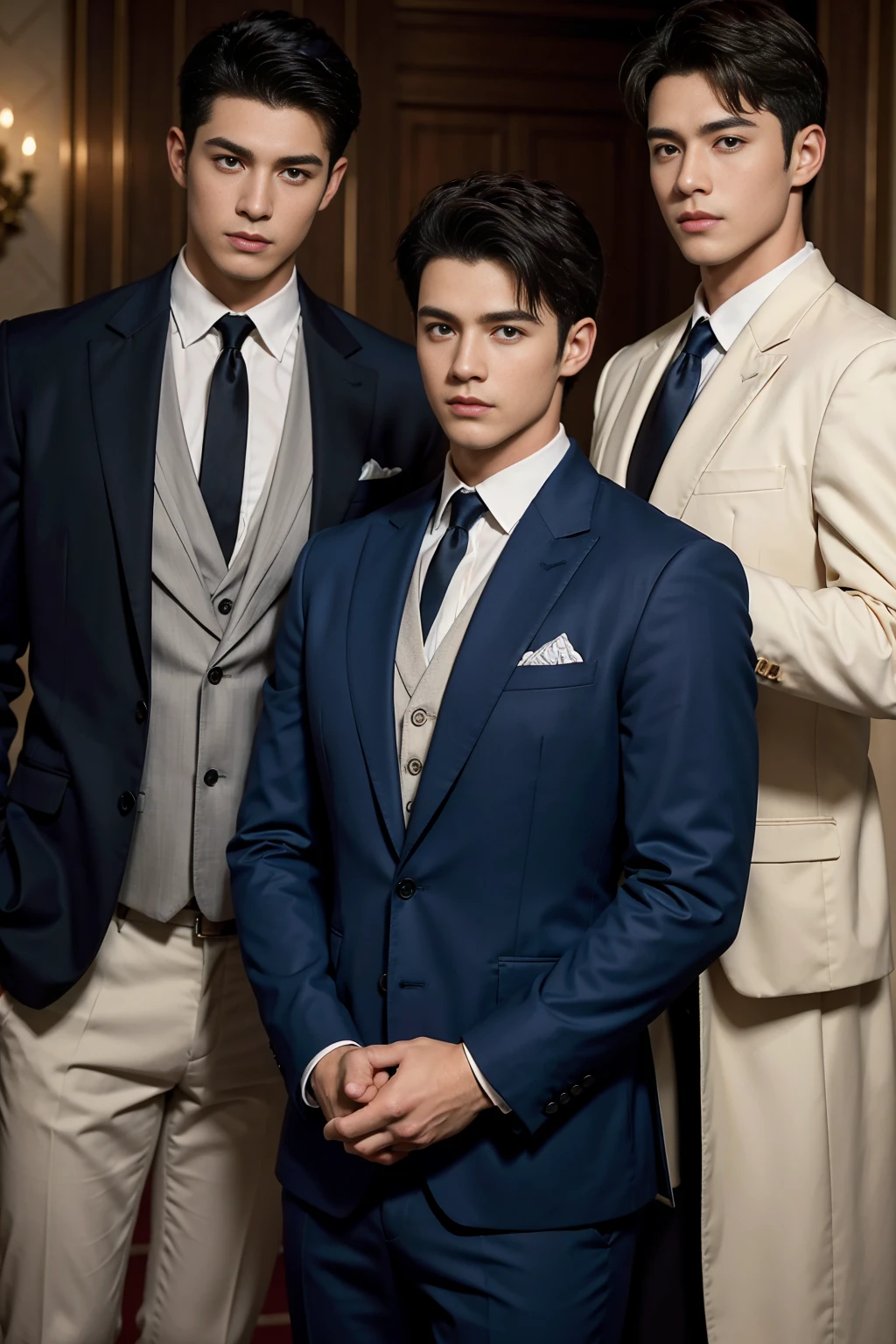 ((masterpiece)),((best quality)),8K,high detail,Very detailed, Very manly,3 men, like,fashion pose, Realistic skin texture, Light,
Royal blue style couple,Perfect hand details