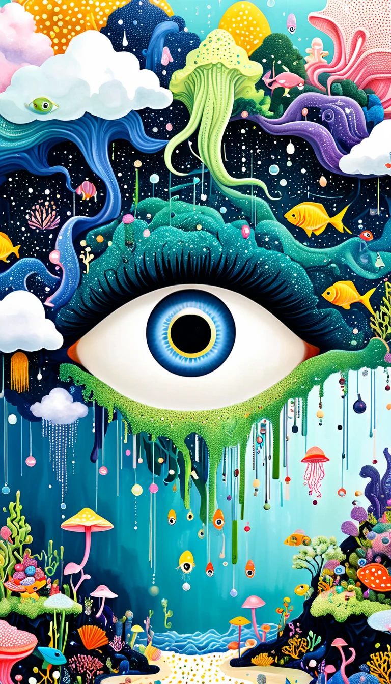 Strong visual fusion of multiple elements，broto，来自star的艺术家，Dopamine color scheme，house、Eye、pearl bead curtain、pearl、star、cloud、fish、Spore powder、Ocean、rain、Tentacles，Describing the inner world of autistic people，Intensive Pointillism method。Smooth lines。interesting，Strange illustration。Pointillism method。Strong contrast。Award-winning works。
