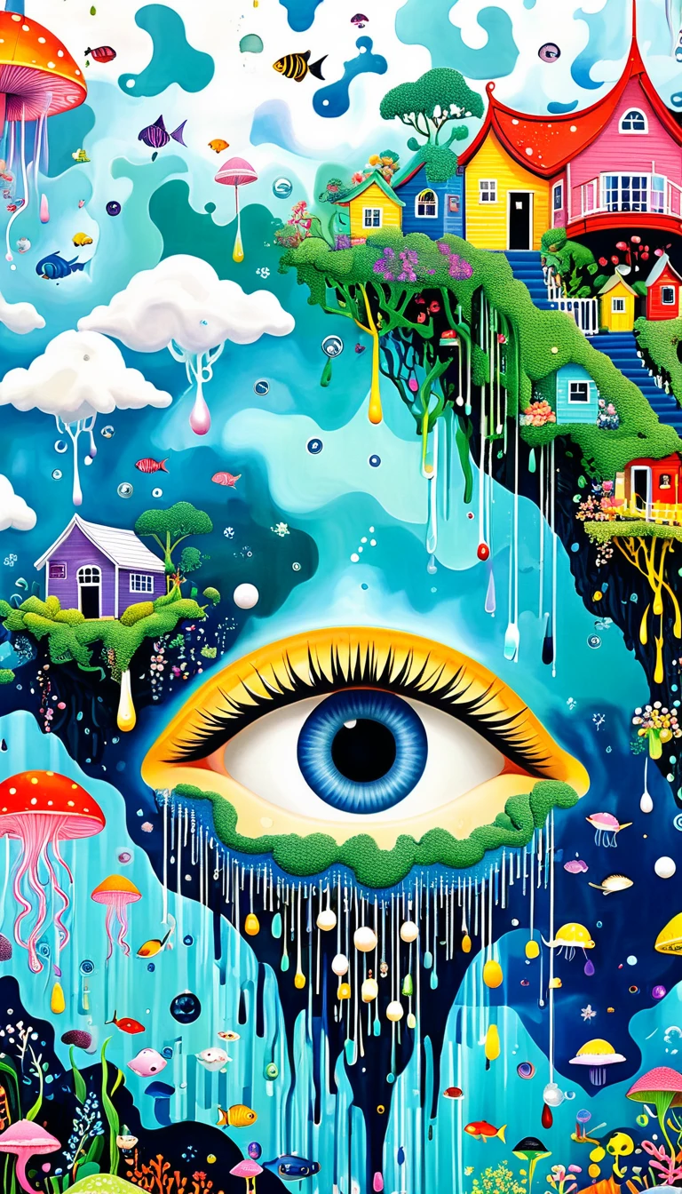 Strong visual fusion of multiple elements，broto，来自star的艺术家，Dopamine color scheme，house、Eye、pearl bead curtain、pearl、star、cloud、fish、Spore powder、Ocean、rain、Tentacles，Describing the inner world of autistic people，Intensive Pointillism method。Smooth lines。interesting，Strange illustration。Pointillism method。Strong contrast。Award-winning works。