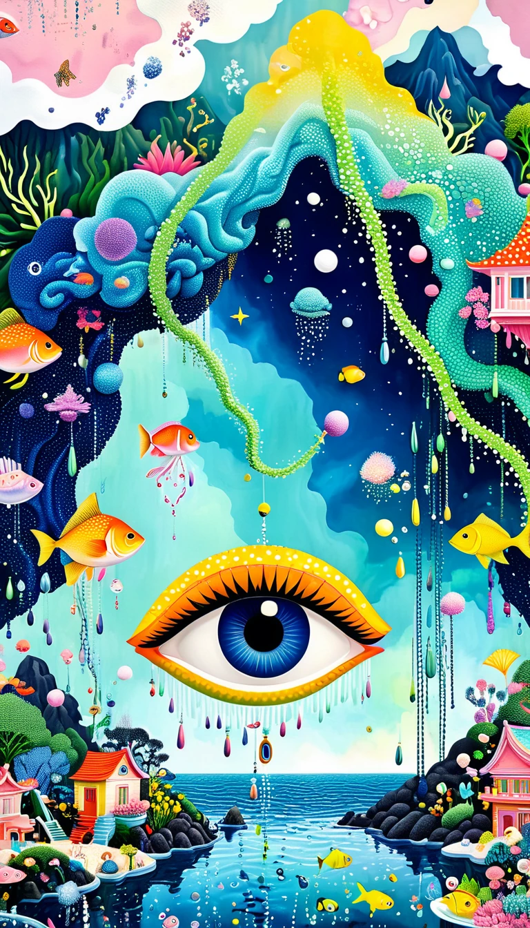 Strong visual fusion of multiple elements，broto，来自star的艺术家，Dopamine color scheme，house、Eye、pearl bead curtain、pearl、star、cloud、fish、Spore powder、Ocean、rain、Tentacles，Describing the inner world of autistic people，Intensive Pointillism method。Smooth lines。interesting，Strange illustration。Pointillism method。Strong contrast。Award-winning works。