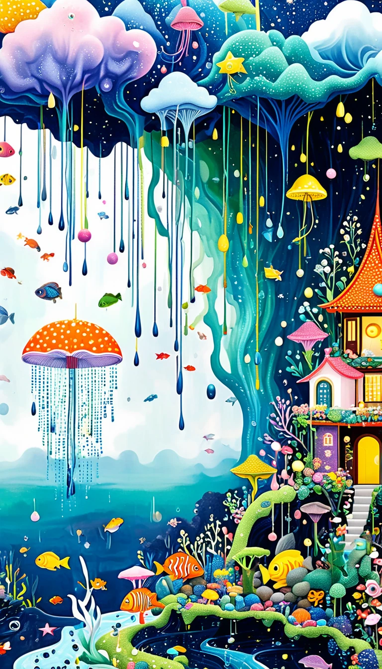 Strong visual fusion of multiple elements，broto，来自star的艺术家，Dopamine color scheme，house、Eye、pearl bead curtain、pearl、star、cloud、fish、Spore powder、Ocean、rain、Tentacles，Describing the inner world of autistic people，Intensive Pointillism method。Smooth lines。interesting，Strange illustration。Pointillism method。Strong contrast。Award-winning works。