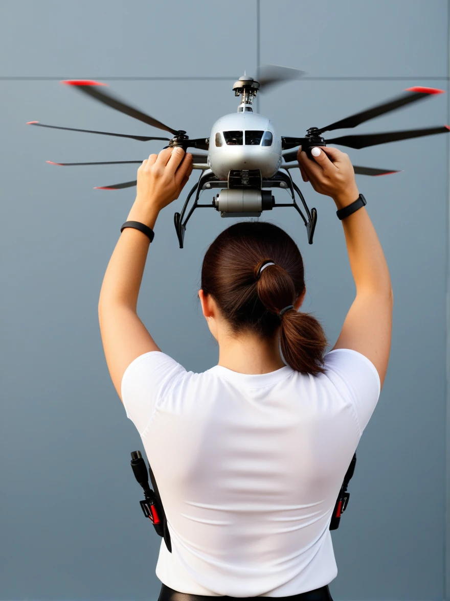 personal shoulder-mounted aircraft, mini helicopter-pack behind a woman’s shoulders with a propeller above her head and control levers in her hands, complex mechanism for flight,