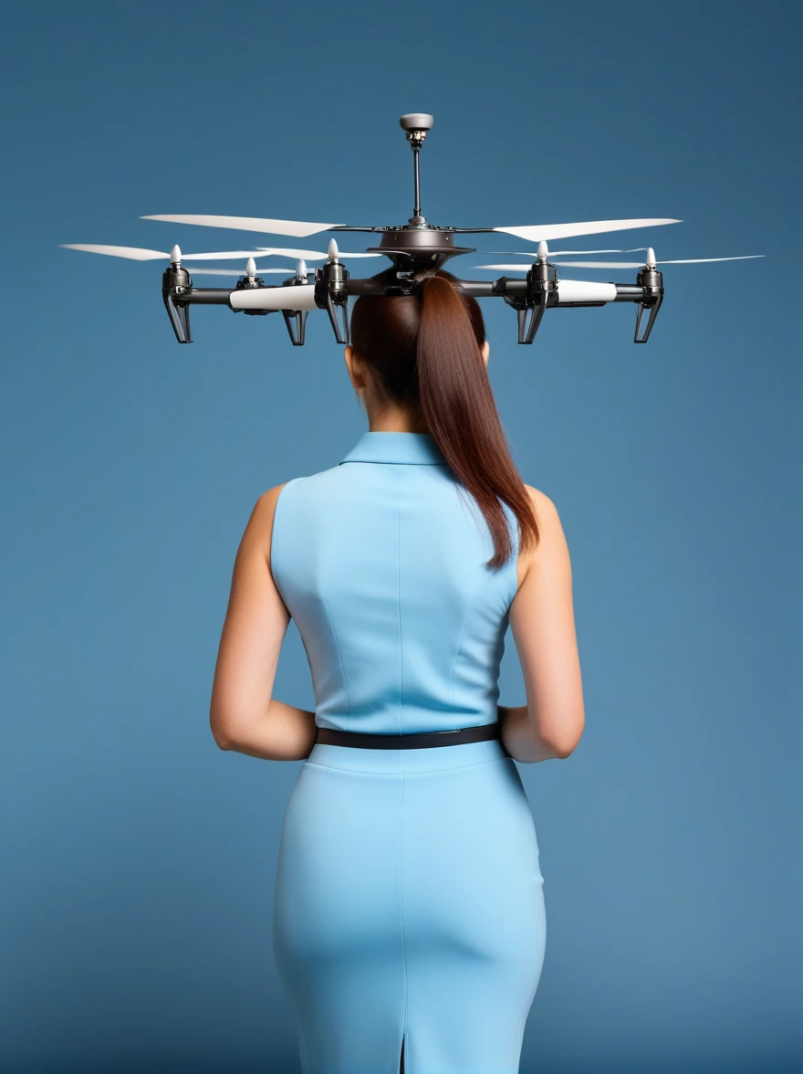 personal shoulder-mounted aircraft, mini helicopter-pack behind a woman’s shoulders with a propeller above her head and control levers in her hands, complex mechanism for flight,