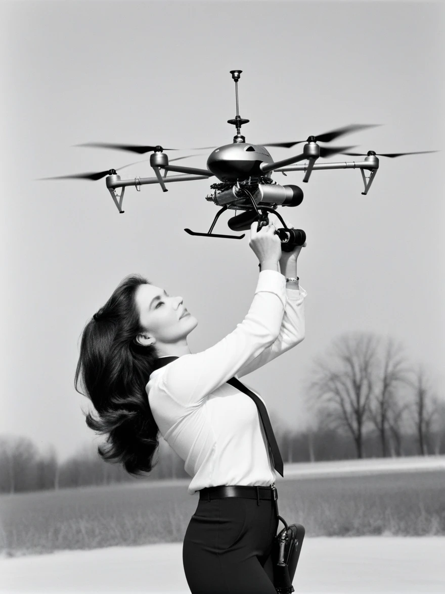 personal shoulder-mounted aircraft, mini helicopter-pack behind a woman’s shoulders with a propeller above her head and control levers in her hands, complex mechanism for flight,