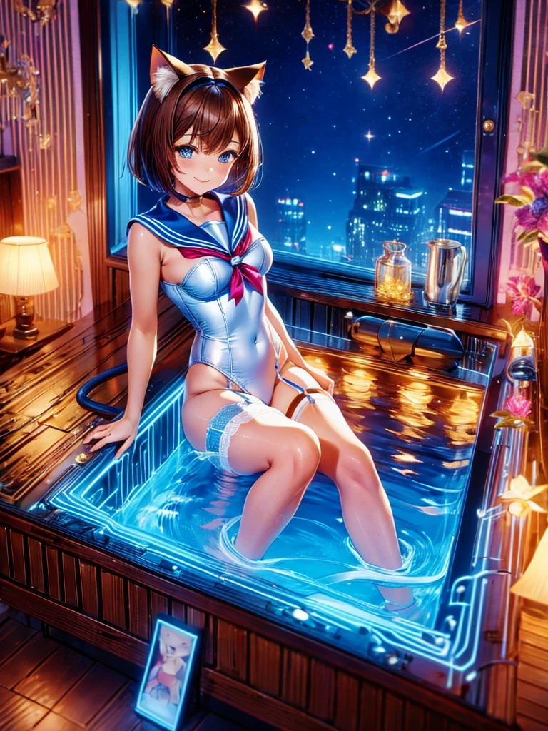 Highest quality,Highest Resolution,Smiling beautiful girl in sailor leotard,bath,Get in the big bathtub,Sexy Lingerie,High leg,garter belt,Knee-high stockings,Brown hair short bob,Cat ear,Drink,whole body,up,front,
