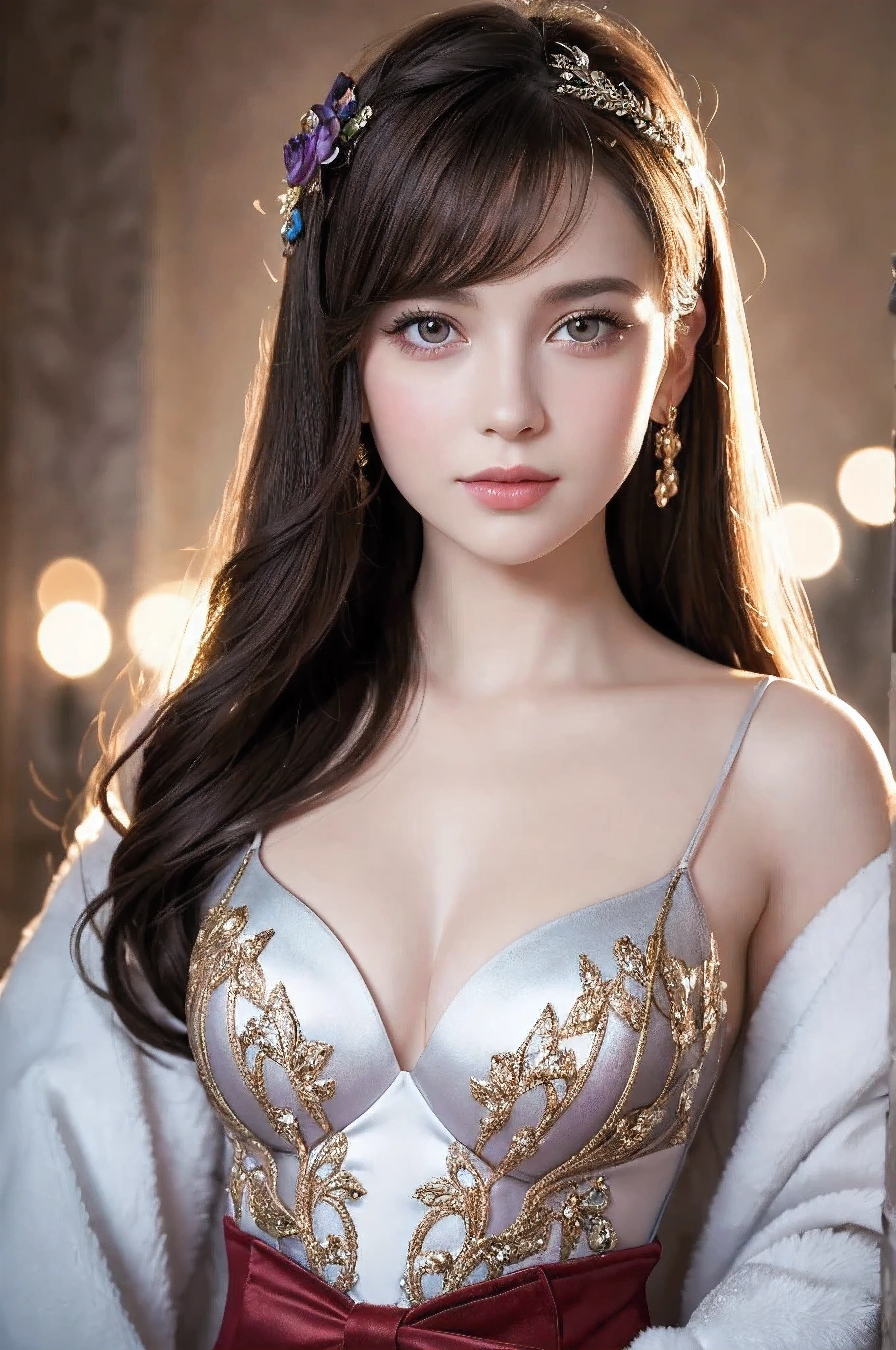 A stunning portrait of Anna Dittman-like beauty, dressed in a fitted red and white dress with fur trim, wide sleeves, and gloves, set against a darker bokeh background. Her long ash-brown hair cascades down her back as she gazes directly at the viewer with a captivating smile (1, 4). Her realistic violet eyes sparkle with intrigue. The focus is sharp, highlighting the intricate details of her outfit, from the delicate patterns to the subtle texture of the fur trim. A stunning ils a flat lineart of a young beautiful woman leaning against colorful wall printed botanial patterns at pop-style Private Rooms,kind smile,bangs,messy short-bob,detailed realistic clothes,soft tone,only in four colors,blonde hair,midriff peekblonde hair ,Gskindentation, High resolution , Upper body, No background, Studio Lightning ,Wearing a Ball gown shiny(photorealistic:1.2) 1woman, Masterpiece, HD, 16K, A captivating latex minimalist illustration of a 17-year-old woman. The upper body, the face at a 45-degree angle to the center, is elegantly accentuated with delicate touches of pastel, high bangs, large eyes, full cheek lips, pale skin, close-up. The illustration resembles a tapestry painting of Anne Bachelier's light-hearted sketches, with a background of a space surrounded by many flowers, and a colorful, magical and mysterious presence is reflected in the expression.A captivating fantasy portrait of a stunning powerful young female model, dressed in a fashionable and stylish outfit with a touch of gothic elements. She is powerfully punching the camera's glass screen, leaving a striking cracked glass effect latex