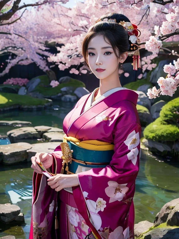 (Highest quality、 8k 、masterpiece、High resolution)、 Japanese painting、Vibrant colors、A woman wearing a kimono、Ample breasts、(Highly detailed face and eyes,Beautiful Face,Beautiful Eyes,Beautiful nose,Pretty lips)、Dynamic painting technique,、Colorful peonies、Japanese garden、cherry blossoms、Detailed Description、Detailed CG、