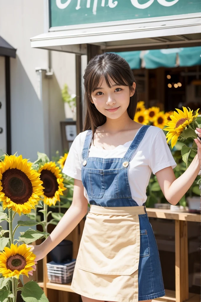 20 years old girl (Japanese cute face) is wearing mini skirt and white apron and working at the cafe with sunflowers