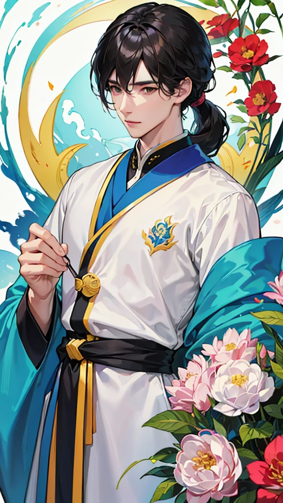 (Extremely refined:1.2), 8K, (masterpiece, 最好of:1.0), , (长of__hair_male:1.5), upper body, along_hair男, Cool and attractive, of_gaze, Wearing open-collared Hanfu, half-nudity 以及复杂of细节, 以及复杂of细节, 精致of眼睛和细致of脸, 完美of眼睛, 平等of眼睛, 奇妙of灯光和阴影、white room background、 Uses backlight and rim light