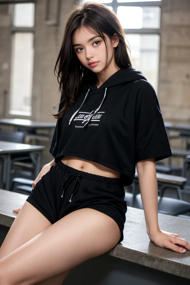 une femmes de 18 ans sexy et mince , black short sleeve hoodie , salle de classe, se touche,position sey,sensuel,visible legs,