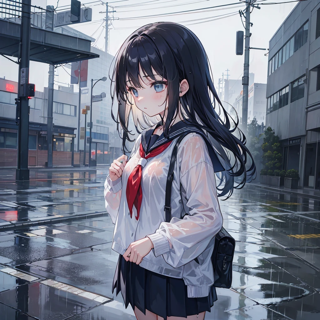 "Create an ultra-high resolution (33554432K) watercolor illustration depicting a Japanese high school girl caught in a sudden downpour, completely drenched by the rain. Emphasize the intricate details of her soaked clothing, the glistening water droplets, and the atmospheric effects of the rain to create a powerful and evocative image that captures the beauty and intensity of the moment.
Central Focus:
The Girl: A Japanese high school student, visibly soaked from the rain, with a mix of surprise and determination on her face.
Rain and Water: Detailed depiction of rain falling, water droplets on her skin and clothes, and the wet environment.
Urban Environment: A cityscape or suburban setting that frames the scene, adding context and depth.
Character Details - The Girl:
Facial Expression: A mix of surprise, determination, and perhaps a hint of amusement or frustration.
Hair: Wet and clinging to her face and neck, with individual strands visible and slightly disheveled.
Clothing:
Traditional Japanese  (e.g., sailor suit or blazer and skirt) soaked through, clinging to her form.
Visible water stains and transparency in areas where the fabric is thin.
Subtle details like a school bag, possibly also wet and dripping.
Environmental Elements:
Rain:
Heavy rain falling in streaks, with varying sizes of droplets.
Water droplets on her skin, hair, and clothes, glistening in the light.
Puddles forming on the ground, with ripples and splashes.
Urban Setting:
Sidewalk, street, or schoolyard with wet surfaces reflecting the light.
Background elements like buildings, trees, or parked vehicles, slightly blurred to emphasize the rain.
Subtle details like a bus stop, street signs, or other urban fixtures.
Lighting and Atmosphere:
Natural Light: Soft, diffused light from an overcast sky, creating a moody and atmospheric effect.
Reflections: Light reflecting off wet surfaces, adding depth and realism.
Shadows: Soft, diffused shadows due to the overcast conditions.
Color Pal