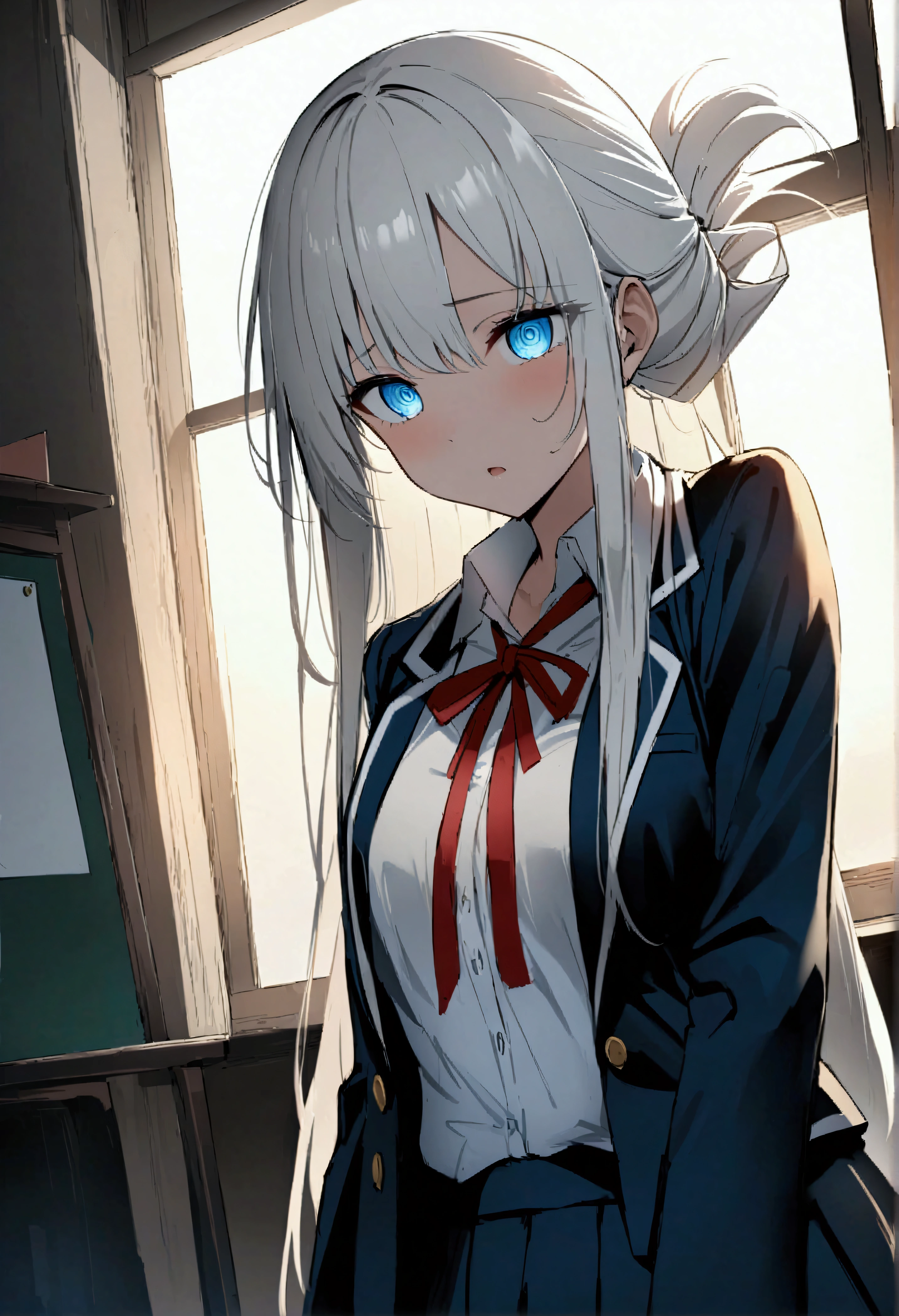 Volumetric Lighting、(masterpiece)、(Highest quality)、(Super detailed)、masterpiece、Source Anime、Score 9、Score 8 up、スコア 7 アップ BREAK、An illustration、Disheveled Hair、Detailed eyes、Perfect composition、Moisturized skin、複雑な詳細 BREAK、Depth of light、Dramatic mood lighting、Volumetric Lighting、Moe painting、Long Hair、White Hair、青い目 BREAK、School origami、Folded Hair Clip、rzn blazer、rzn shirt、rzn skirt、rzn neck ribbon、Red ribbon、BREAK、classroom