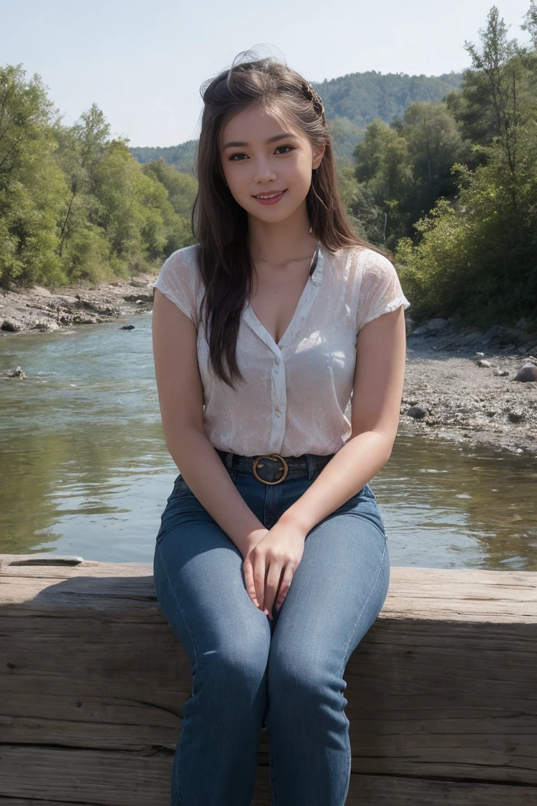 (top quality, 8 K, masterpiece: 1.3)), (1 person: 1.4), 1 beautiful girl, USA, Wild West, western, , high contrast, диафрагма F1.2, 24mm focal length, (whole body: 1.2), smile, sitting near a river, there&#39;s a forest across the river, mountains are visible from afar, Pink dress with long sleeves, simple cut dress, long straight light brown hair, hair tie, ultra-detailed skin, detailed fabric texture