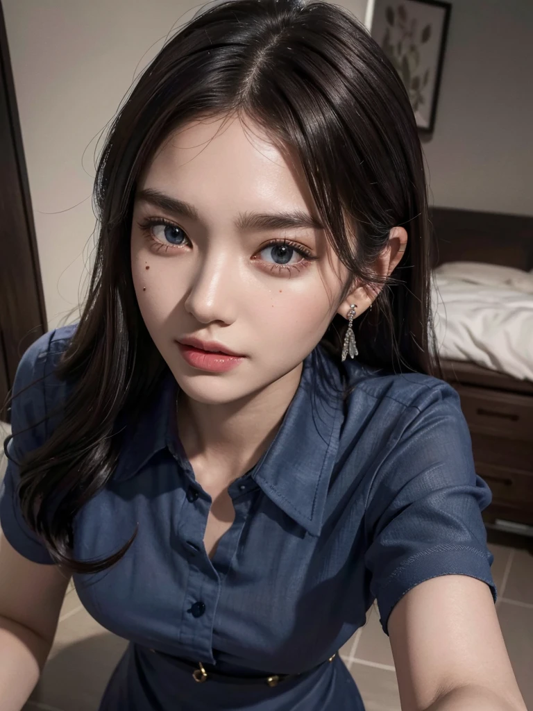 absurdres, RAW photo, extremely delicate and beautiful, masterpiece, Best Quality, ultra high resolution, 32k, hyperrealistic, ultra-detailed, perfect anatomy, anatomically correct, perfect figure, Perfect Style, Perfect balance, super Detailed skin, in her 30s, very Slim body, narrow waist, very small head, very small face, delicate facial features, handsome detailed woman, very detailed eyes and face, realistic face proportions, Realistic beautiful face, Realistic beautiful eyes, tearful mole, earring, huge round tits, (full body shot:1.2), whole legs, medium hair, dark blonde hair, asymmetrical hair, indoor, (collared navy shirt dress:1.2), sleeveless,