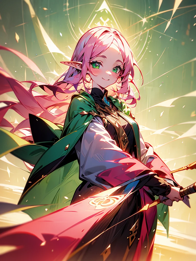 A pink-haired elf girl with green eyes, wearing her hair long and loose, with bangs on her forehead. She holds a large staff and wears a cloak. She has a gentle smile on her face.