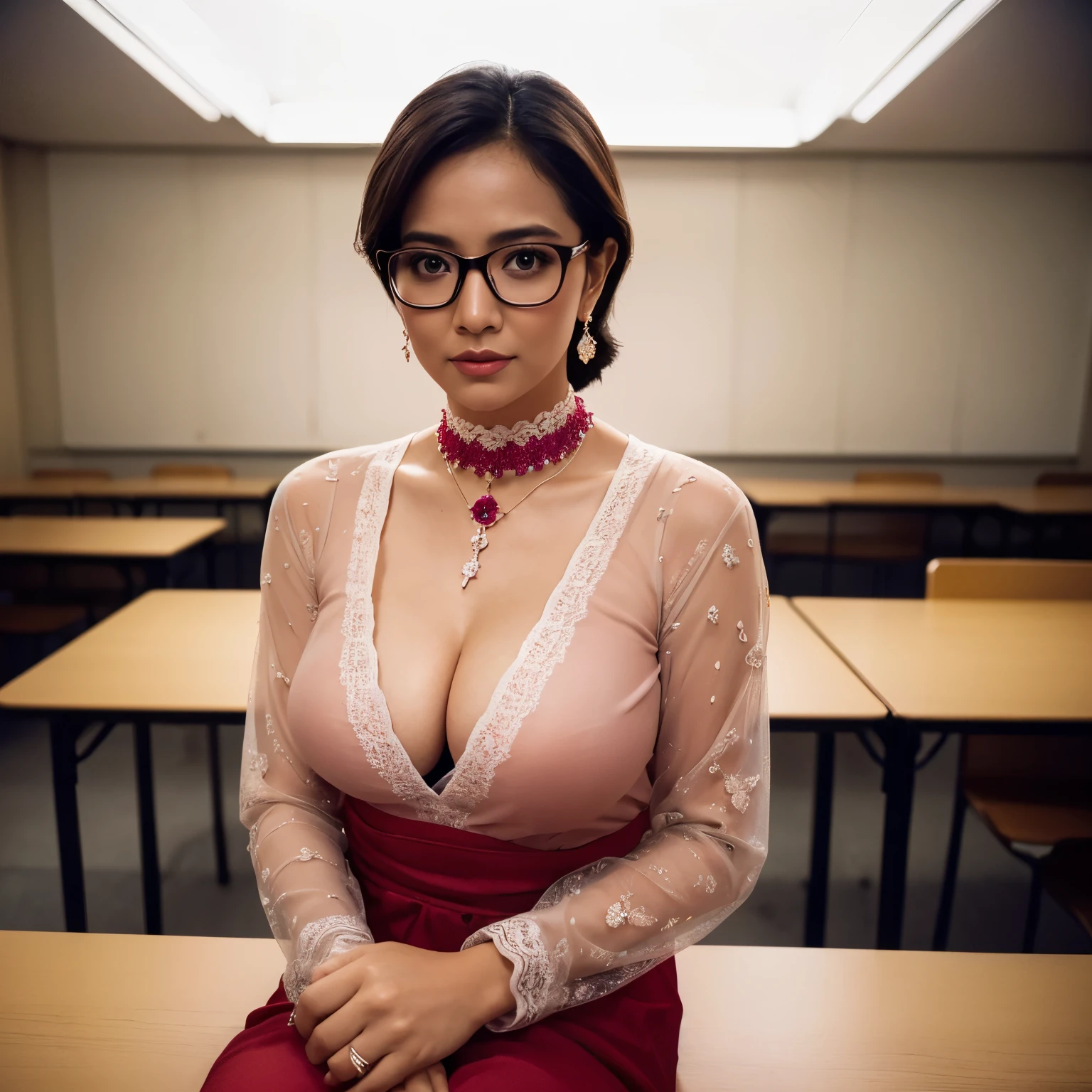 ((beautiful Nerd malaysia Mature woman : 1.2, College Lecturer)), 45 Years old, Middle age woman, name mira filzah brown eye, wearing nerd eyewear,tudung muslim,modernbaju kurung, ((Choker)), ((look rich Diamond Ruby Wedding Necklace)), Lace Bra, ((unbuttoned baju Kurung)), calm,confident,happy,beautifull MILF Curvy body, White Skin Body,looking at viewer, sitting on desk in classroom, (photo, photorealistic:1.37), (ultrahigh-res), half body, walking pose, hyper detailed POV, by lee jeffries, nikon d850, film stock photograph ,4 kodak portra 400 ,camera f1.6 lens ,rich colors ,hyper realistic ,lifelike texture, dramatic lighting , cinestill 800, (huge breasts 1.3).