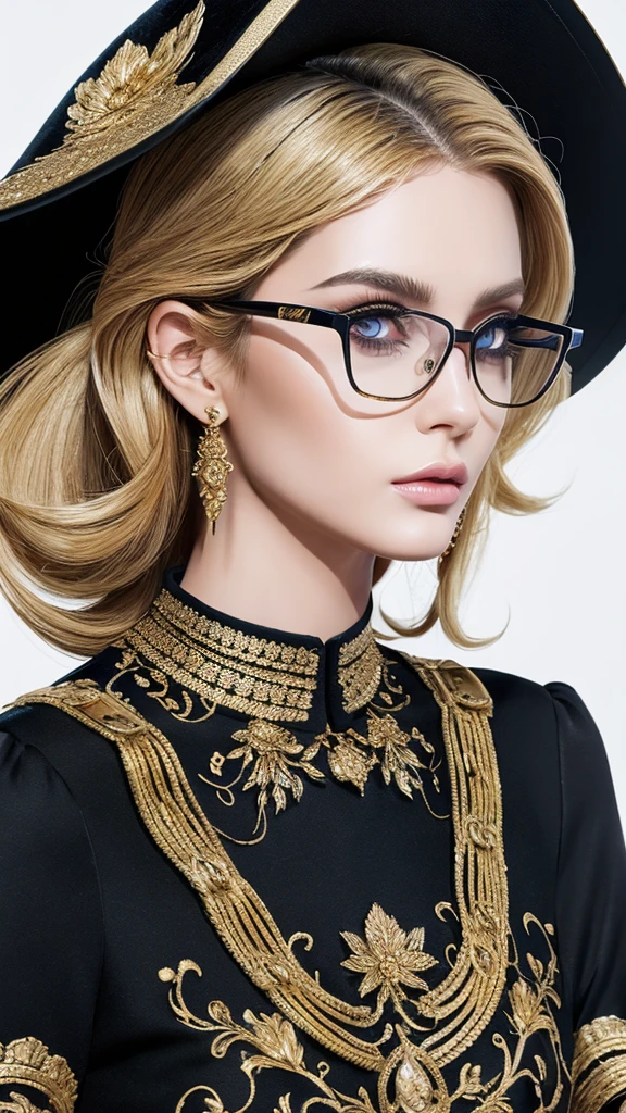 Hyperreal,Supermodel, fashionable, black with Thin, gold trim dress, beautiful hair, detailed eyes, fashionable glasses, designer hat, lips, fashionable illustration, elegant, dressed, feminine, fabrics that are high fashion, style of the best fashion designers, fusion of surreal elements, fusion of art, digital rendering, chic elegance, detailed, ultra HD, realistic, bright colors, very detailed, UHD, pen and ink, perfect composition, beautiful detail, creative octane visualization in the trend