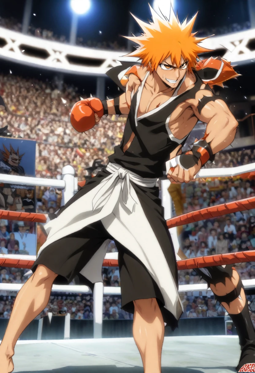 Kurosaki İchigo (Bleach),  hair orange, spiky hair, skin fair, box fighter, boxing luva, arena de ring de box, RABID