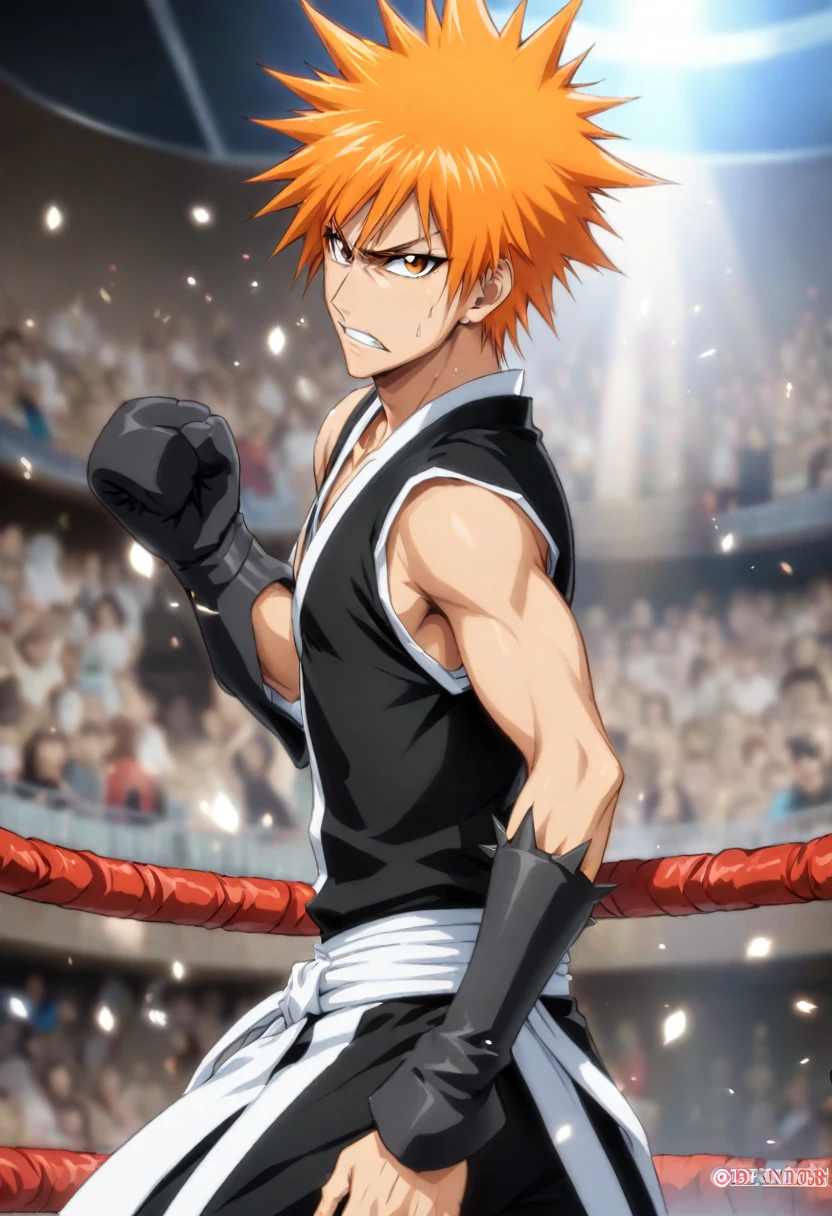 Kurosaki İchigo (Bleach),  hair orange, spiky hair, skin fair, box fighter, boxing luva, arena de ring de box, RABID