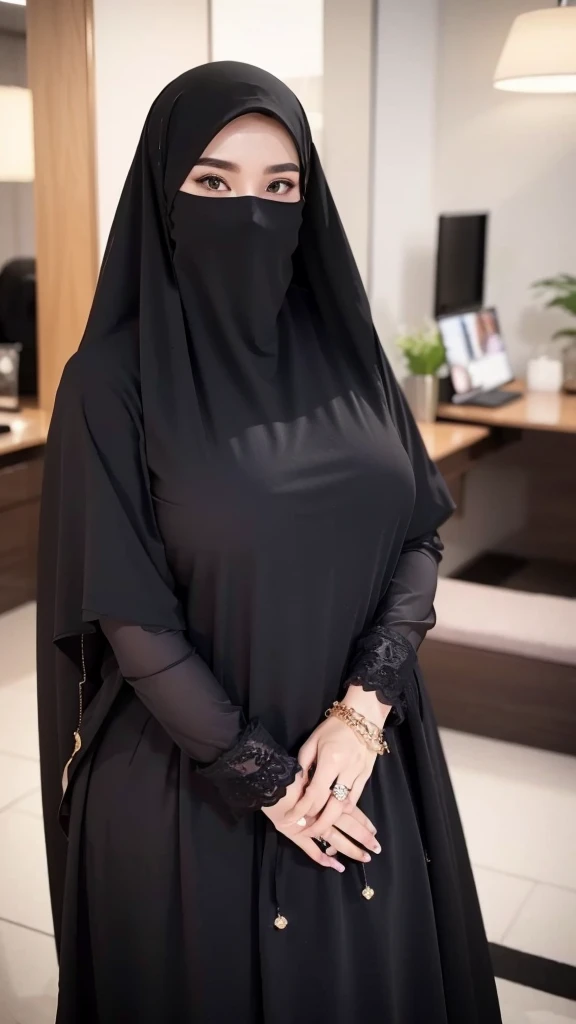 8K, high quality, nice lighting, soft lighting, realistic, dark eyes, sexy, big breasts, thighs, wide hips, arabic dress, black dress, Jewelry, sexy lady, asian, hijab, niqab, sexy pose, showing big thighs, nice body, natural largest breast, wearing rings for woman, office girl, sexy posing,