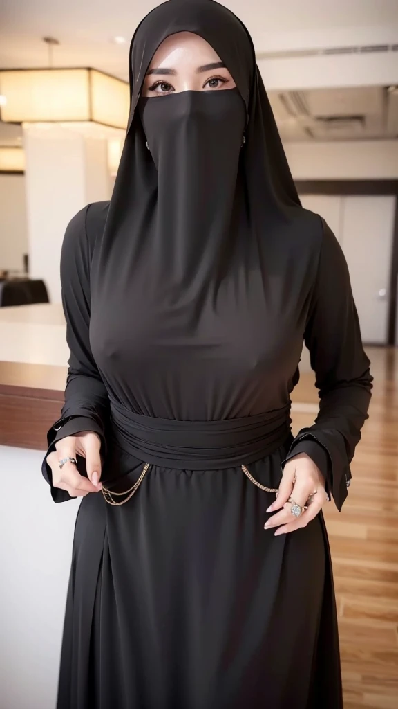 8K, high quality, nice lighting, soft lighting, realistic, dark eyes, sexy, big breasts, thighs, wide hips, arabic dress, black dress, Jewelry, sexy lady, asian, hijab, niqab, sexy pose, showing big thighs, nice body, natural largest breast, wearing rings for woman, office girl, sexy posing,