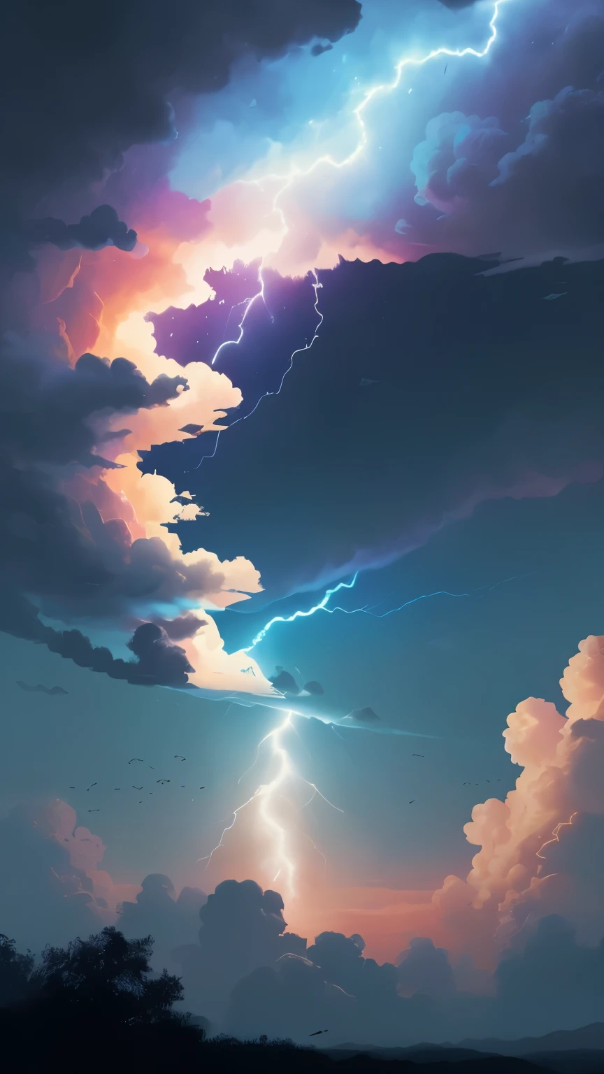 ((best quality)), ((masterpiece)), (detailed), A digital illustration of a rainbow lightning in a dark blue sky with small peach color birds flying in the background