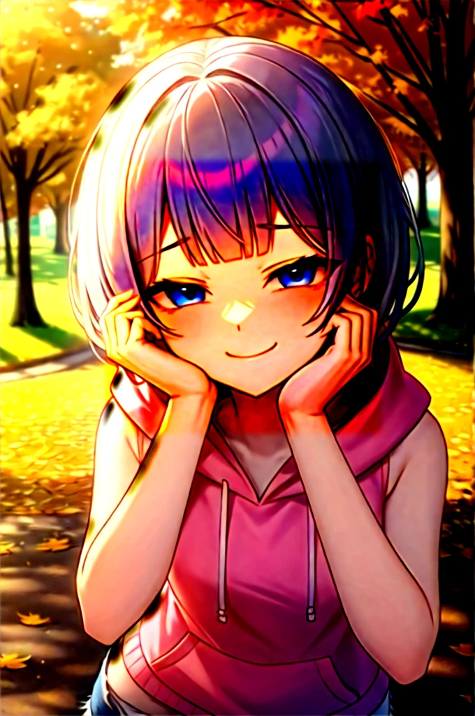 (masterpiece, best quality:1.2), absurdres, perfect anatomy, 1girl, (smug smile:1.2), POV, looking at viewer, hand on cheek, short hair, wavy hair, blunt bangs, silver hair, outdoors, autumn, pink \(sleeveless hoodie:1.2)\, hood down, ( jean shorts:1.1), solo focus, , soft lighting, public park, (blue eyes)