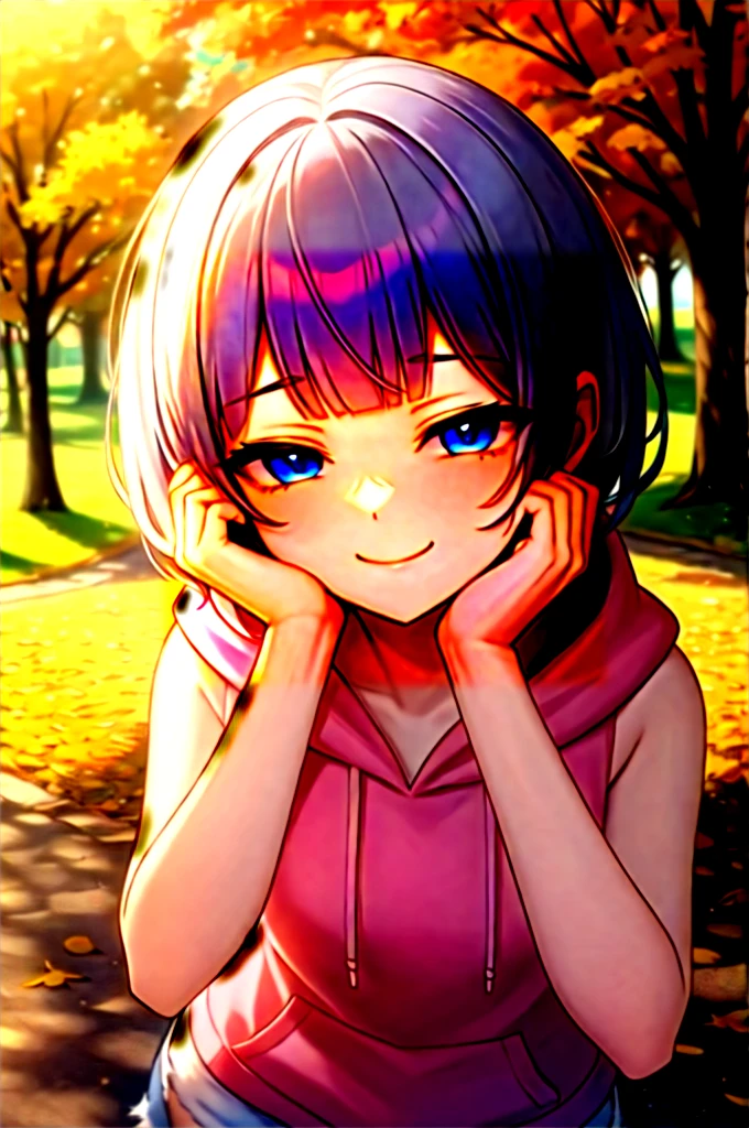 (masterpiece, best quality:1.2), absurdres, perfect anatomy, 1girl, (smug smile:1.2), POV, looking at viewer, hand on cheek, short hair, wavy hair, blunt bangs, silver hair, outdoors, autumn, pink \(sleeveless hoodie:1.2)\, hood down, ( jean shorts:1.1), solo focus, , soft lighting, public park, (blue eyes)