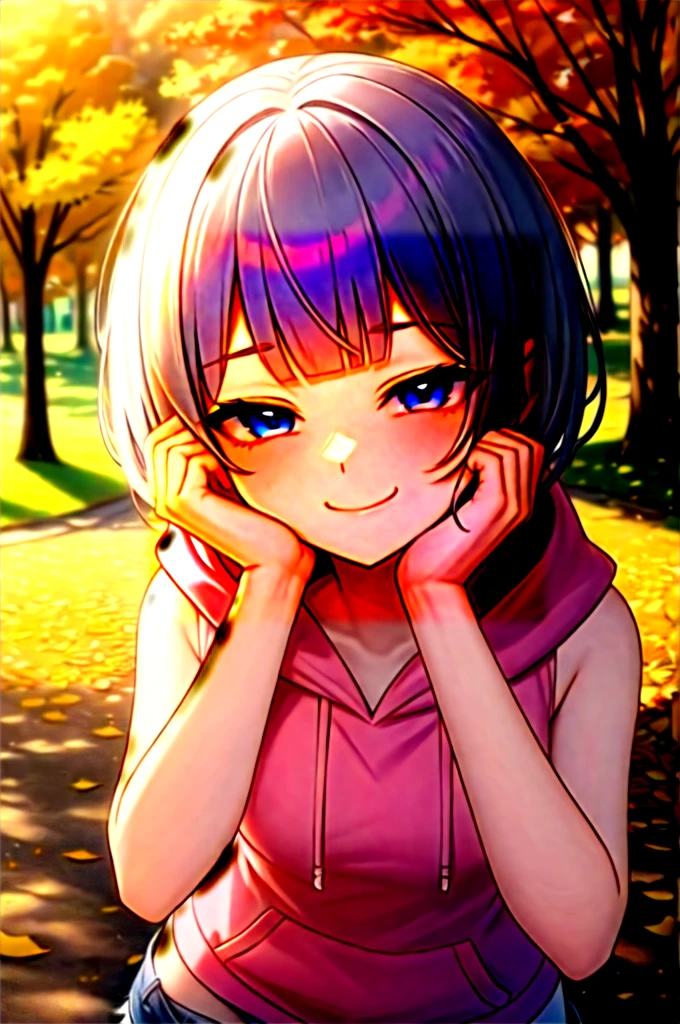 (masterpiece, best quality:1.2), absurdres, perfect anatomy, 1girl, (smug smile:1.2), POV, looking at viewer, hand on cheek, short hair, wavy hair, blunt bangs, silver hair, outdoors, autumn, pink \(sleeveless hoodie:1.2)\, hood down, ( jean shorts:1.1), solo focus, , soft lighting, public park, (blue eyes)