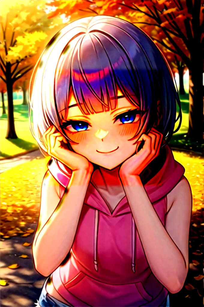 (masterpiece, best quality:1.2), absurdres, perfect anatomy, 1girl, (smug smile:1.2), POV, looking at viewer, hand on cheek, short hair, wavy hair, blunt bangs, silver hair, outdoors, autumn, pink \(sleeveless hoodie:1.2)\, hood down, ( jean shorts:1.1), solo focus, , soft lighting, public park, (blue eyes)