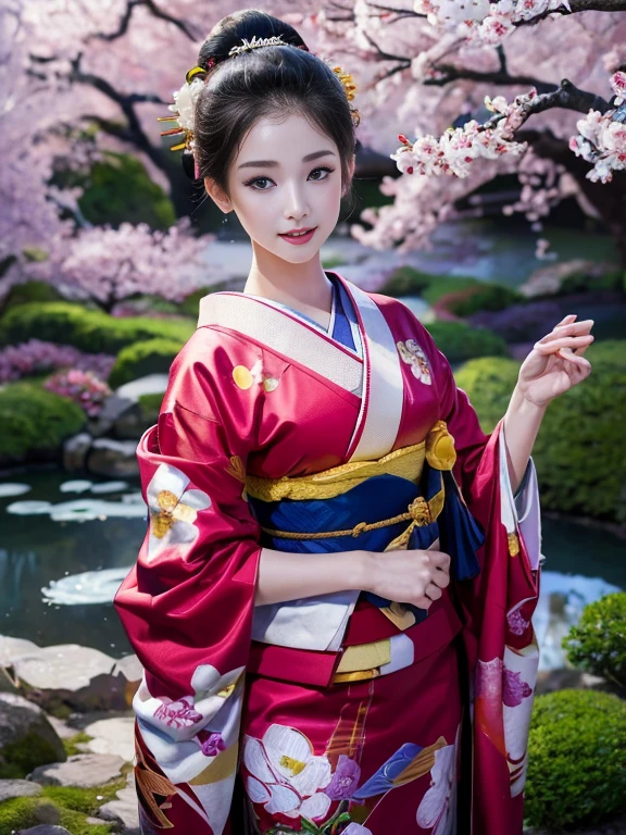 (Highest quality、 8k 、masterpiece、High resolution)、 Japanese painting、Vibrant colors、A woman wearing a kimono、Ample breasts、(Highly detailed face and eyes,Beautiful Face,Beautiful Eyes,Beautiful nose,Pretty lips)、Dynamic painting technique,、Colorful peonies、Japanese garden、cherry blossoms、Detailed Description、Detailed CG、