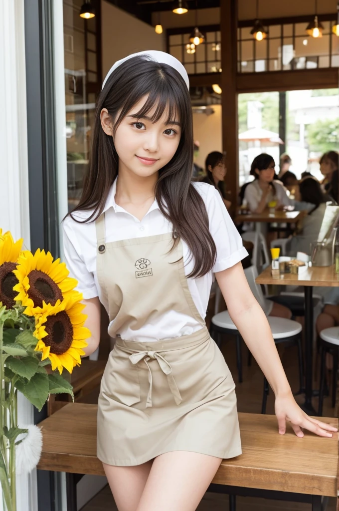 20 years old girl (Japanese cute face) is wearing mini skirt and white apron and working at the cafe with sunflowers