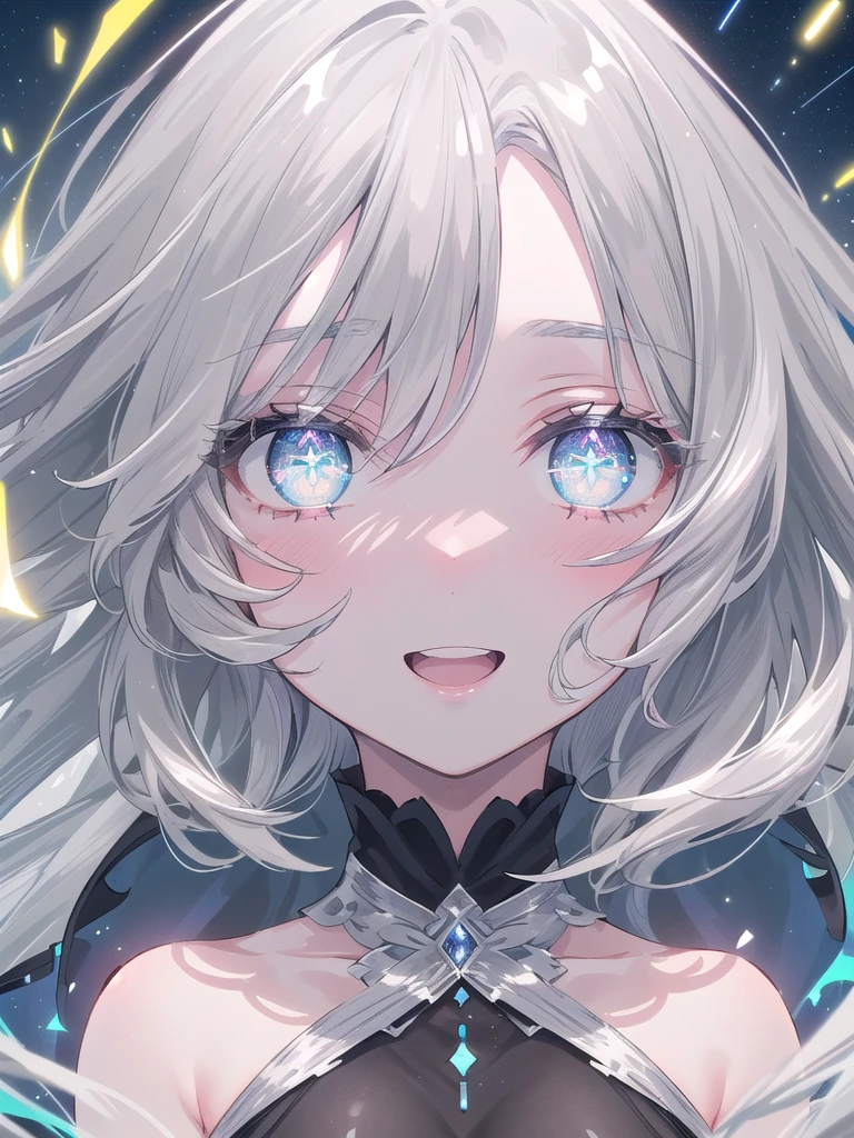 ((8k, best quality, master piece: 1.3)),super high resolution,(1 girl, solo), ((colorshift eyes, hyperdetailed, expressive eyes, glowing eyes, ultra detailed eyes, complex eyes, beautiful eyes), ultra-detailed face, random hair, ((silver gray color)), Ecstatic expression, Midnight, Shining stars and shooting stars, coastline, Gorgeous princess dress